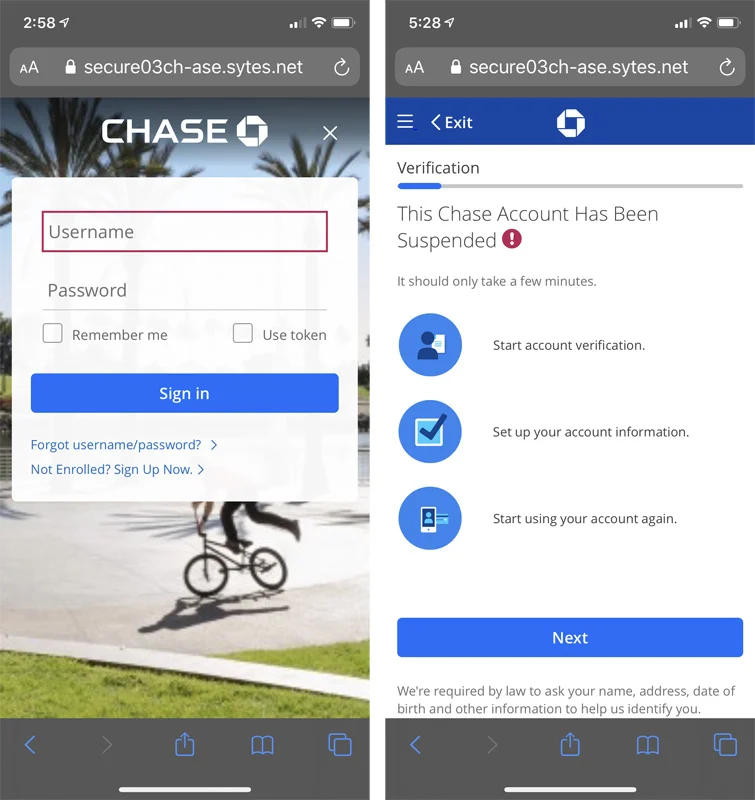 Two screens showing examples of a fake Chase bank online banking login page